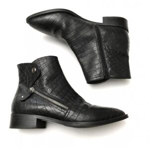 Napoleoni Italy Croc Embossed Leather Moto Zip Black Ankle Boot Size EU 39